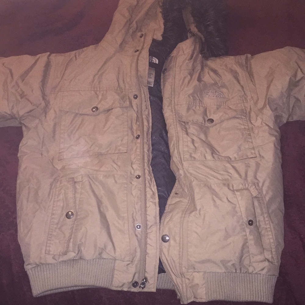 Tan “The North Face” snorkel puffer jacket